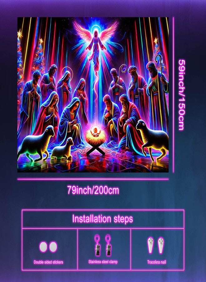 BlissYard Christmas Nativity Scene BlackLight Tapestry UV Reactive Neon Holy Family Angel Shepherds Lambs Wall Hanging 78x59 Inch Psychedelic Religious Decoration For Bedroom Living Room Church Party - Image 5