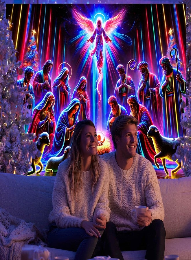 BlissYard Christmas Nativity Scene BlackLight Tapestry UV Reactive Neon Holy Family Angel Shepherds Lambs Wall Hanging 78x59 Inch Psychedelic Religious Decoration For Bedroom Living Room Church Party - Image 3