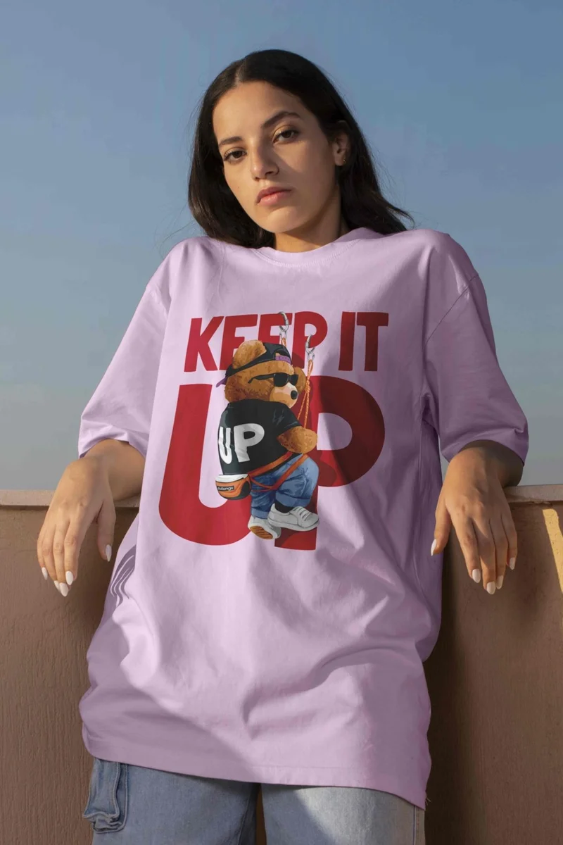 DogFish Teddy Printed Women's Oversize Pink T-Shirt