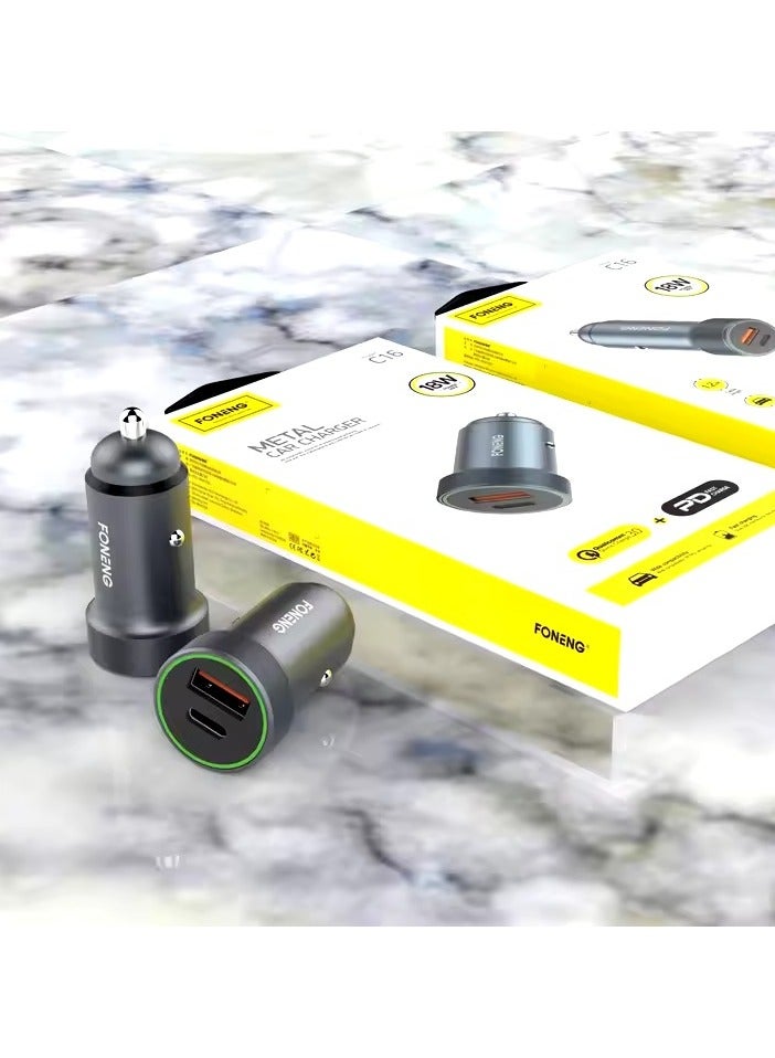 FONENG C16 Metal Car Charger with Usb +C Dual Ports (30W) - Image 4
