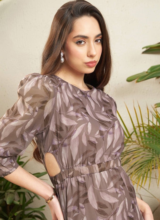 SASSAFRAS Brown Floral Printed Cut-Out Tiered Maxi Dress for Women - Image 2