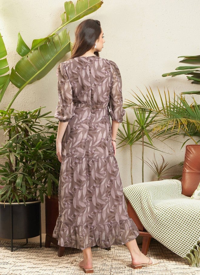 SASSAFRAS Brown Floral Printed Cut-Out Tiered Maxi Dress for Women - Image 4