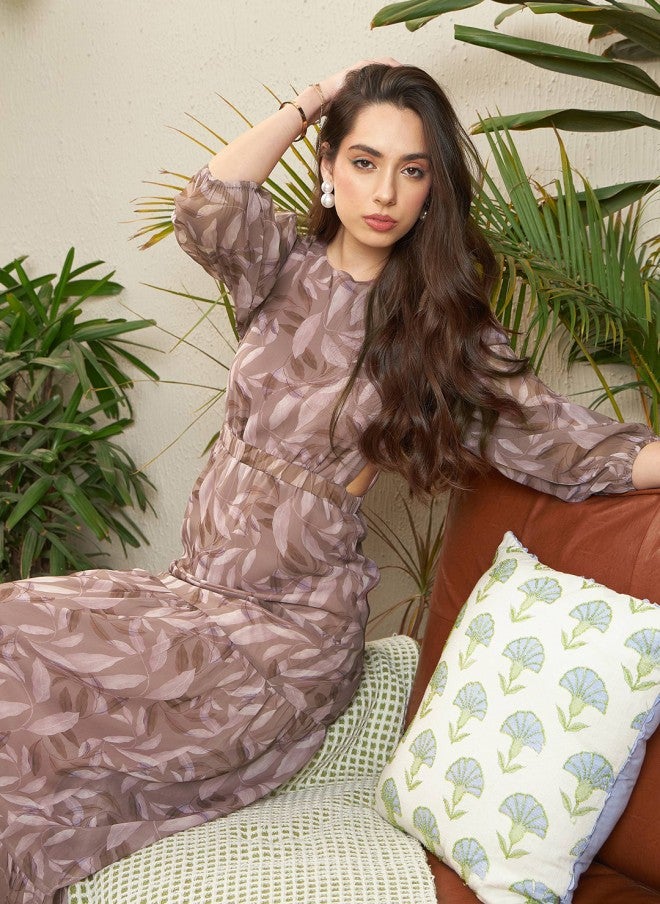 SASSAFRAS Brown Floral Printed Cut-Out Tiered Maxi Dress for Women - Image 5