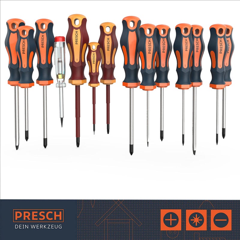 PRESCH مجموعة مفكات براغي معتمدة من Presch مكونة من 14 مفك مغناطيسي مع حامل حائط ومختبر جهد لعمل الكهربائيين مجموعة مفكات عالمية - Image 2