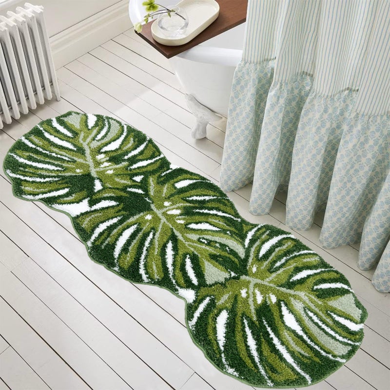 Homantic Green Bathroom Runner Rug - Leaf Long Bath Mat Tropical Monstera Bath Rugs Non Slip Washable Bathrug for Bathroom Floor, Cute Restroom Rug, Plant Absorbent Bathmat Botanical Home Decor 24" x 60" - Image 1