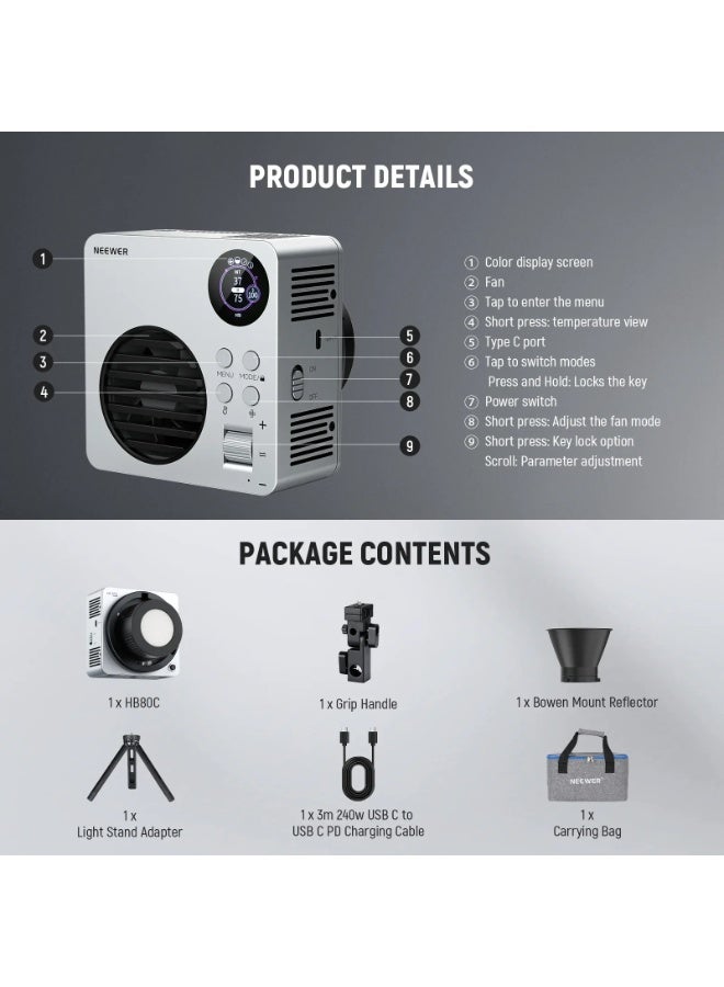 نيوير HB80C 80W RGBWW Mini COB LED Video Light - Image 2