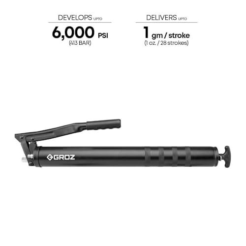 Groz High Capacity Grease Gun 1 Kg with 6" (150mm) Steel Extension and Coupler | Upto 6000psi Pressure | Extra Long Grease Gun | Black | 12 Months Warranty | G11R/B - Image 4