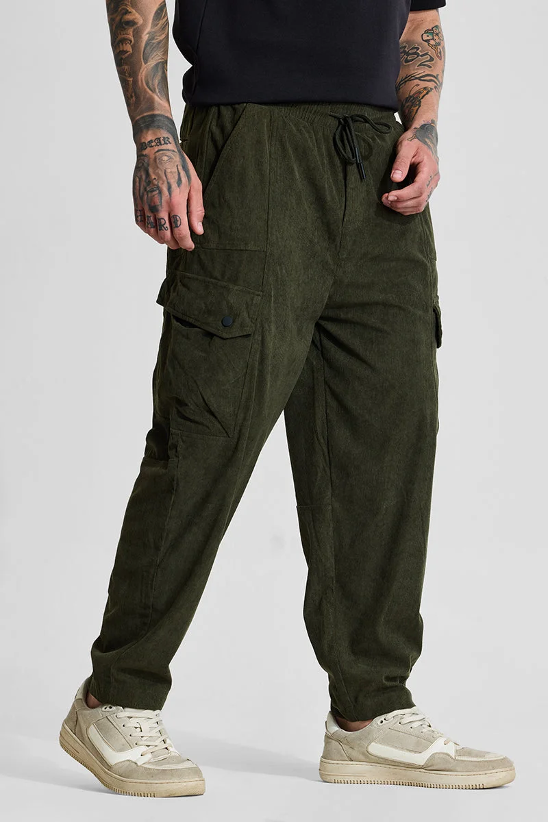 SNITCH Olive Olive Relaxed Fit Corduroy Cargo Pants for Men | Best Price UAE