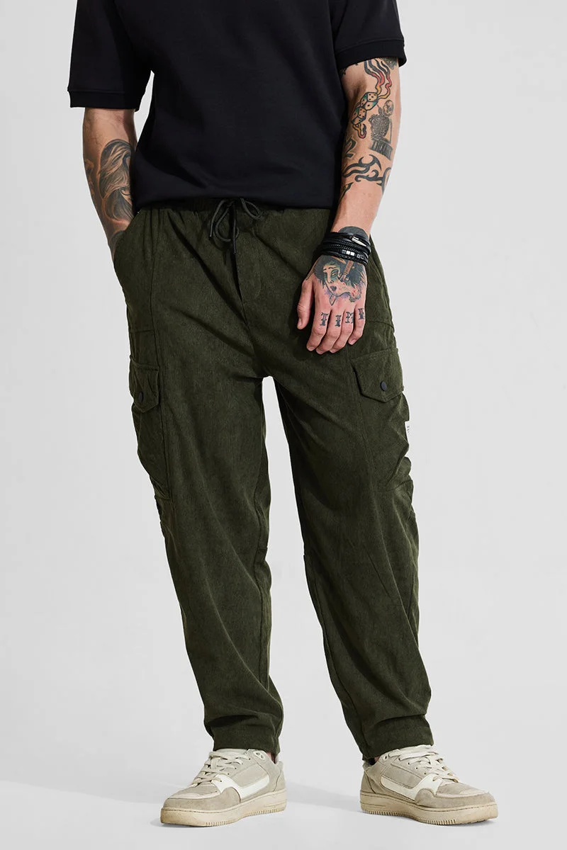 SNITCH Olive Olive Relaxed Fit Corduroy Cargo Pants for Men | Best Price UAE