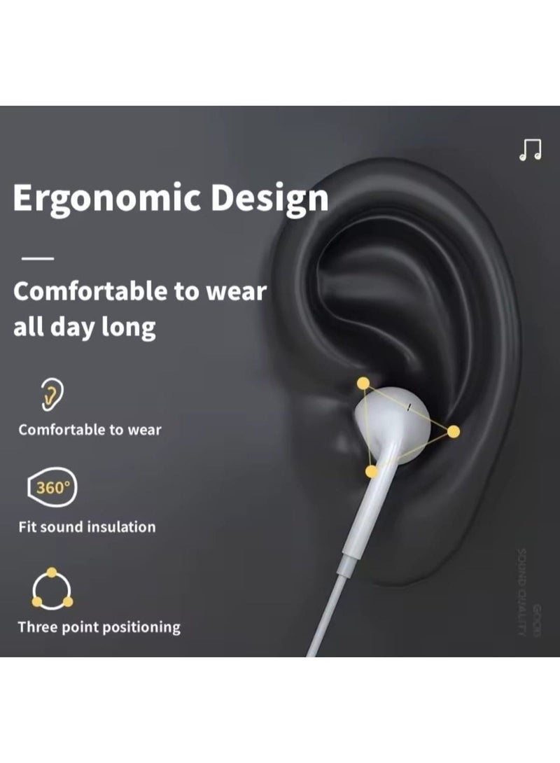 باور بلس سماعات أذن مع سماعات أذن سلكية USB C مع ميكروفون وتحكم في مستوى الصوت، سماعات داخل الأذن لهاتف iPhone 15 Pro Max وiPad Pro/Air وSamsung (أبيض) - Image 3