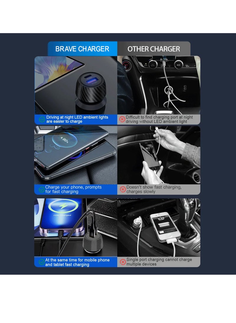 48W Type-C Car Charger, 2-Port Fast Charging Adapter with Quick Charge 3.0 and Qualcomm Quick Charge 3.0, Includes 100W Type-C Charging Cable - Compatible with iPhone 16/15 Pro Max, iPhone 14/13/12/11 Series, Samsung Galaxy S24/23/22/21/20 Plus/Ultra/S10/Note 20/10, iPad Air/Pro, AirPods, and More for Fast Charging