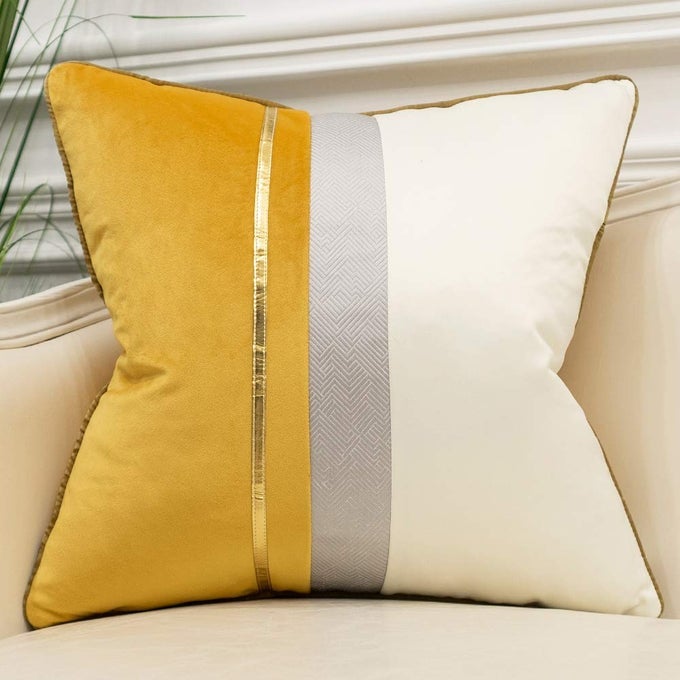 20 x 20 Inches Yellow White Gold Leather Striped Patchwork Velvet Cushion Case Luxury Modern Throw Pillow Cover Decorative Pillow for Couch Living Room Bedroom Car