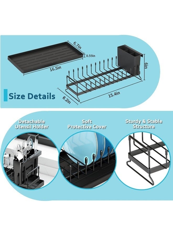 Arabest حامل أطباق صغير لتجفيف الأطباق، حامل أطباق مدمج لسطح المطبخ مع حصيرة تجفيف أطباق سيليكون، مصفاة أطباق من الفولاذ المقاوم للصدأ لخزانة حوض المطبخ، حامل أطباق موفر للمساحة لحامل أدوات المائدة (أسود) - Image 5