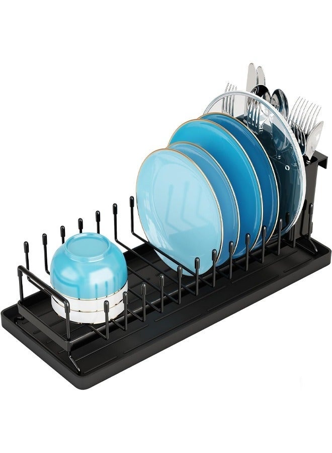 Arabest حامل أطباق صغير لتجفيف الأطباق، حامل أطباق مدمج لسطح المطبخ مع حصيرة تجفيف أطباق سيليكون، مصفاة أطباق من الفولاذ المقاوم للصدأ لخزانة حوض المطبخ، حامل أطباق موفر للمساحة لحامل أدوات المائدة (أسود) - Image 1