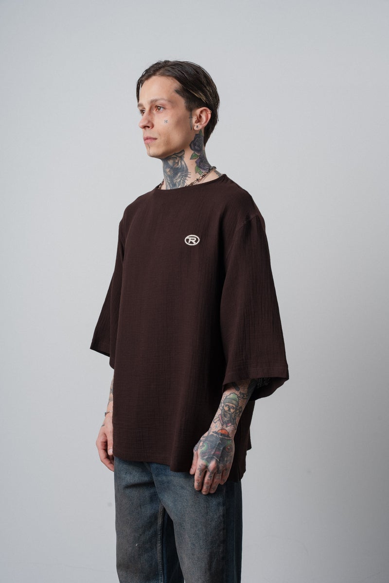 RESPIRE Men's R Embroidered Poor Sleeve Muslin Oversize T-Shirt Dark Brown - Image 2