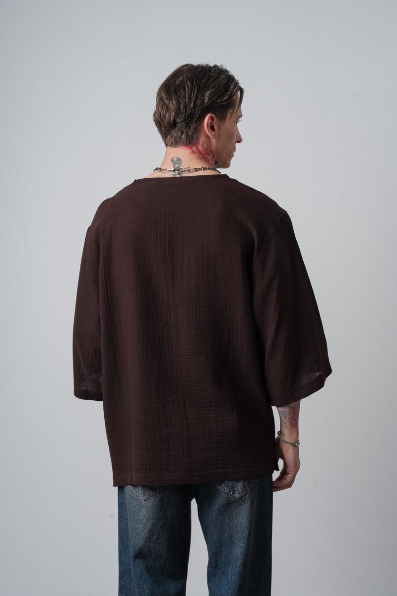 RESPIRE Men's R Embroidered Poor Sleeve Muslin Oversize T-Shirt Dark Brown - Image 3