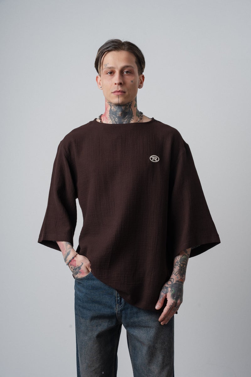 RESPIRE Men's R Embroidered Poor Sleeve Muslin Oversize T-Shirt Dark Brown - Image 1