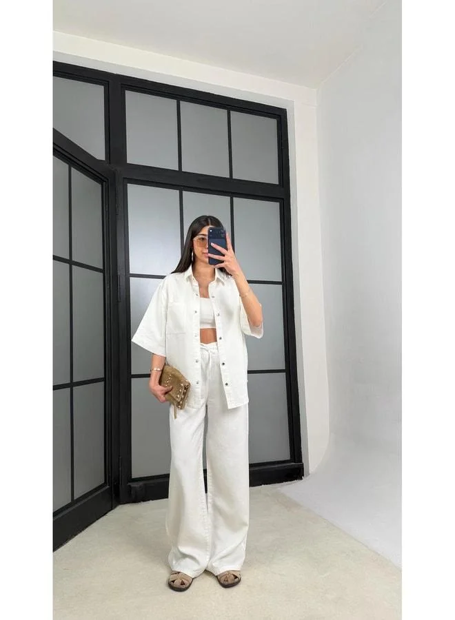 GAUS White Shirt and Belted Pants Two-Piece Tencel Denim Set GAUS-01471.