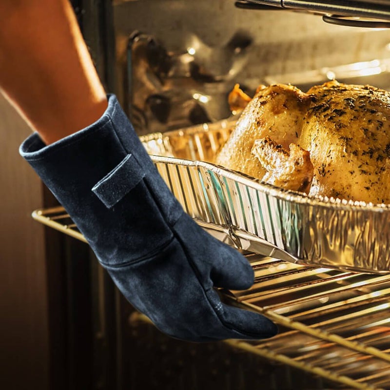 OZERO 932â„‰ Leather Forge Welding Gloves 14-inch Heat Resistant Grill BBQ Glove with Flame Retardant Long Sleeve and Insulated Lining for Men and Women Gray - Image 2