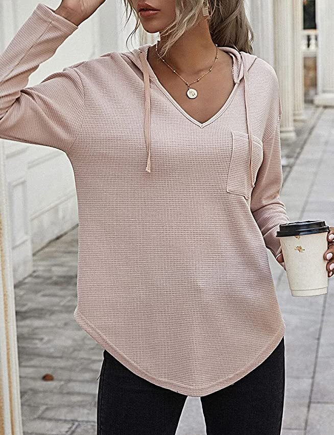 Womens V-Neck Hoodie Waffle Knit Sweatshirt with Pockets Apricot (dark pink) 