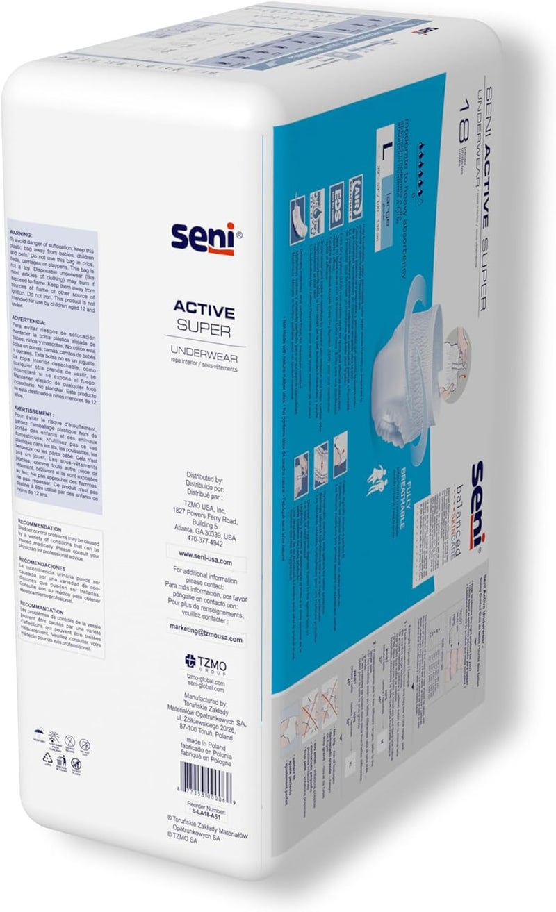 SENI Active Super Unisex Adult Incontinence Underwear Size Large 3953 18 Count 1 Pack of 18 Moderate to Heavy Absorbency Pull On Disposable Overnight Underwear for Men Women - Image 3