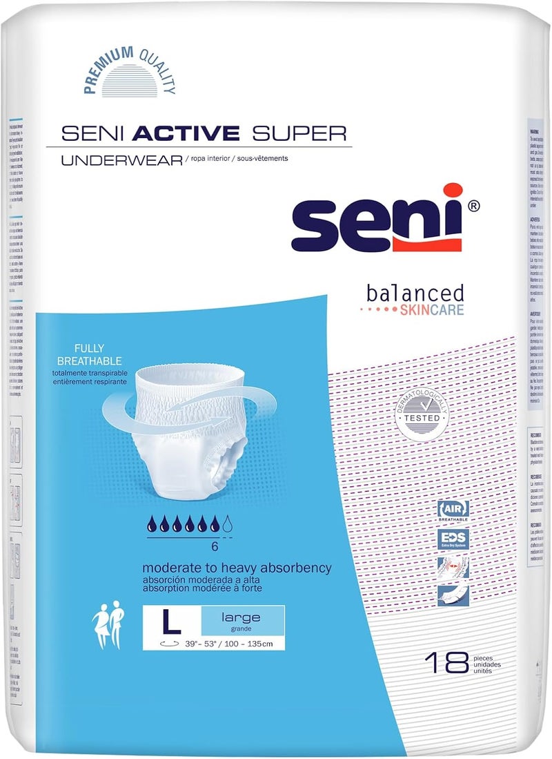 SENI Active Super Unisex Adult Incontinence Underwear Size Large 3953 18 Count 1 Pack of 18 Moderate to Heavy Absorbency Pull On Disposable Overnight Underwear for Men Women - Image 1