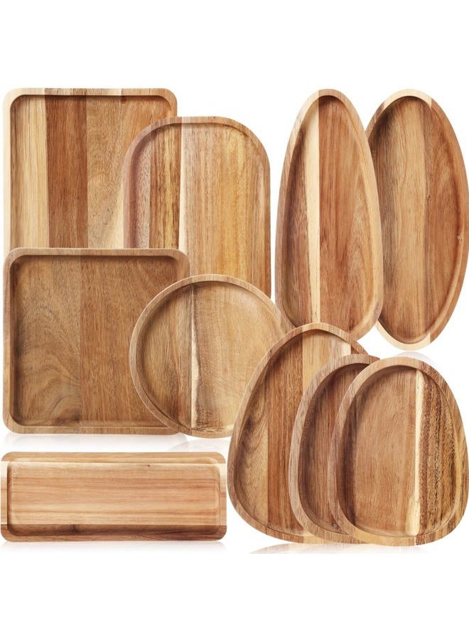 Willinglong Set of 10 Christmas Acacia Wood Plates Wooden Serving Platter Christmas Dinner Plate and Trays Charcuterie Board for Xmas Cheese Fruit Cookie Dessert Housewarming Gift(Classic Style) - Image 1