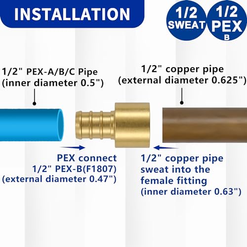 Lidertik 15 Pack Lidertik Copper to PEX Fittings 12 inch 12 PEXB F1807 x 12 Female Sweat Adapter Brass - Image 3
