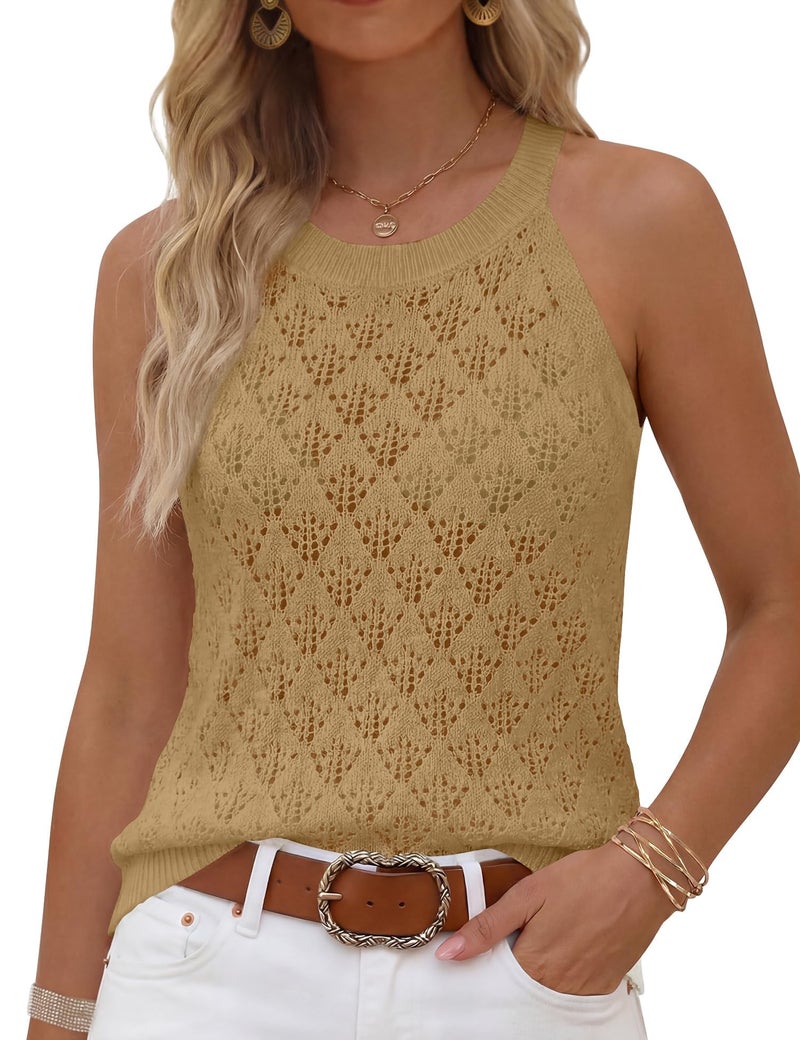 LUYAA Sweater Tank Tops for Women Boho Casual Shirt Women Summer Resort Tops Sleeveless Sweaters Hollow Out Vest Summer Fashion Khaki M - Image 1