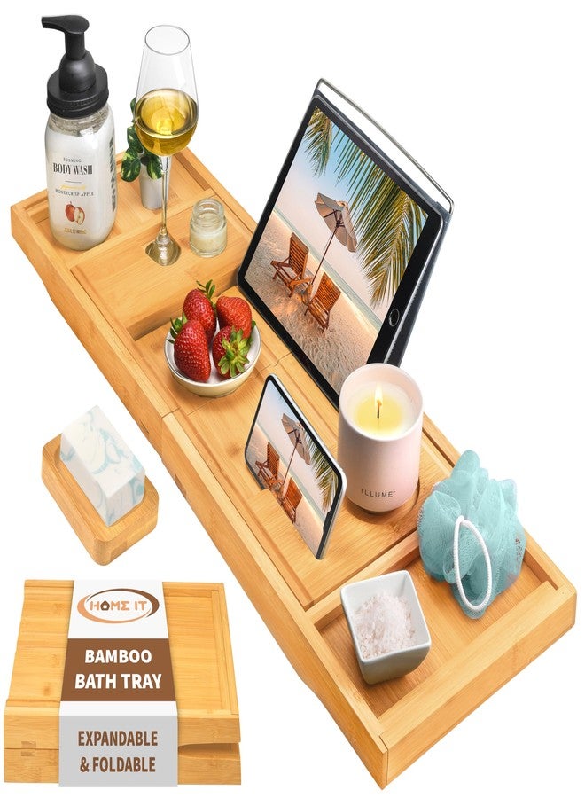 Home-it Home It Premium Foldable Bathtub Tray - Bamboo Waterproof Bath Tray for tub Caddy - Wooden Holder for Wine, Book, Soap, Phone, Luxury Gift for Men & Women - Expandable, Fits Most Tubs in Bathroom - Image 1