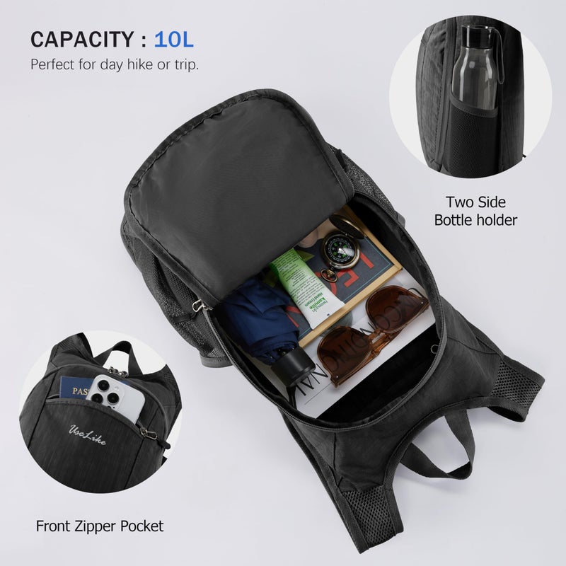 Uselike 10L Small Hiking Backpack Travel Daypack Lightweight Packable Back Pack for Women Men(Black) - Image 5