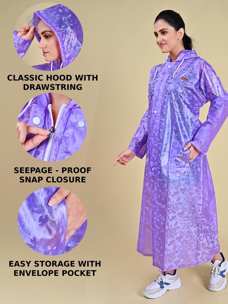 Rupa Rainwear for Women, Standard Length Waterproof PVC Rain Jacket with Carry Bag, Petals Design, Pack of 1 Purple 2XL - Image 2
