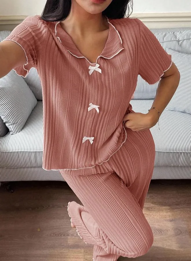 تايك تو Dark Pink Contrast Trims Bow Details Shirt and Pants Pyjama Set