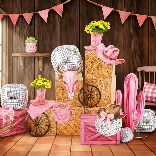 AceOrbit 24 Pcs Western Cowgirl Party Decorations Disco Foil Balloons Hay Bales Straw Boxes Pink Cactus Cowgirl Card Hat Horseshoe Props for Halloween Trunk or Treat Car Birthday Theme Party - Image 1