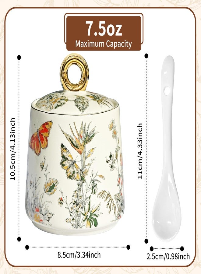 JUSONEY Ceramic Sugar Bowl with Lid and Spoon with Floral Pattern, Gold Trim - 7.5oz Elegant Sugar Jar with Lid and Spoon, Nordic Style for Kitchen, Dining, Cafe, Gift Idea (B) - Image 2