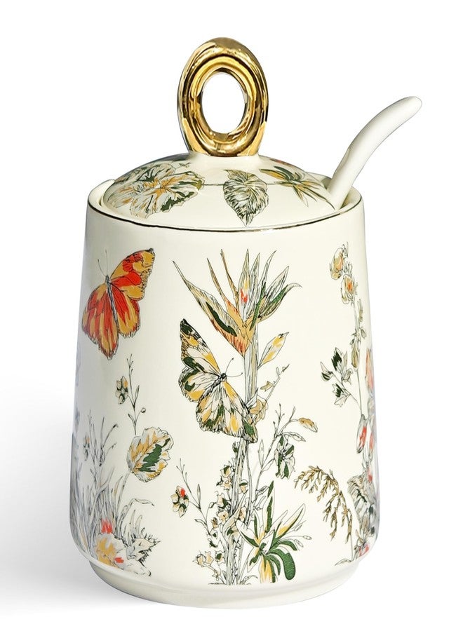 JUSONEY Ceramic Sugar Bowl with Lid and Spoon with Floral Pattern, Gold Trim - 7.5oz Elegant Sugar Jar with Lid and Spoon, Nordic Style for Kitchen, Dining, Cafe, Gift Idea (B) - Image 1