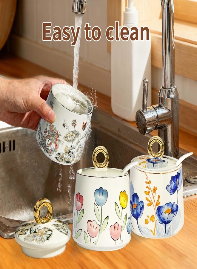 JUSONEY Ceramic Sugar Bowl with Lid and Spoon with Floral Pattern, Gold Trim - 7.5oz Elegant Sugar Jar with Lid and Spoon, Nordic Style for Kitchen, Dining, Cafe, Gift Idea (B) - Image 5
