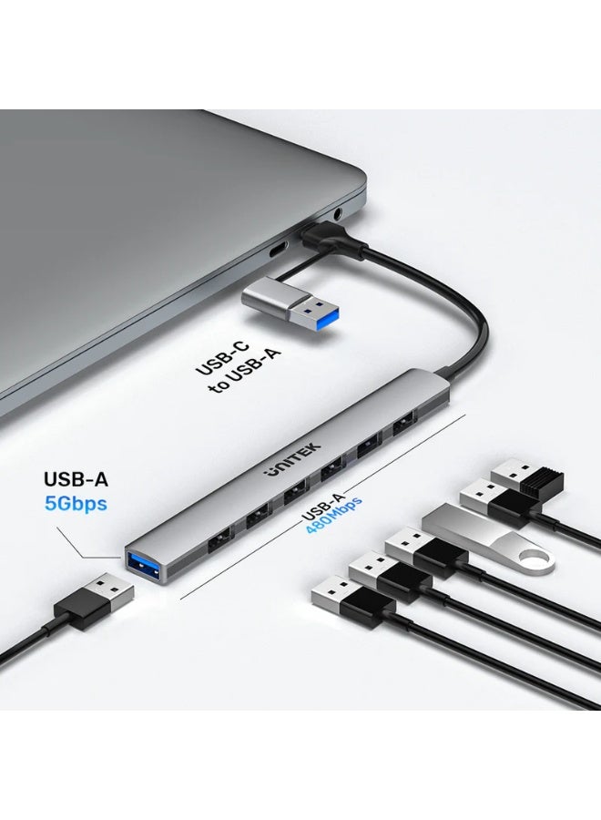 UNITEK محور USB 7 في 1 من UNITEK، USB-C إلى 7 منافذ USB-A مع محول USB-A، نقل بيانات عالي السرعة 5Gbps، نحيف ومحمول، توصيل وتشغيل، متوافق مع MacBook و iPad و Windows والمزيد - Image 2