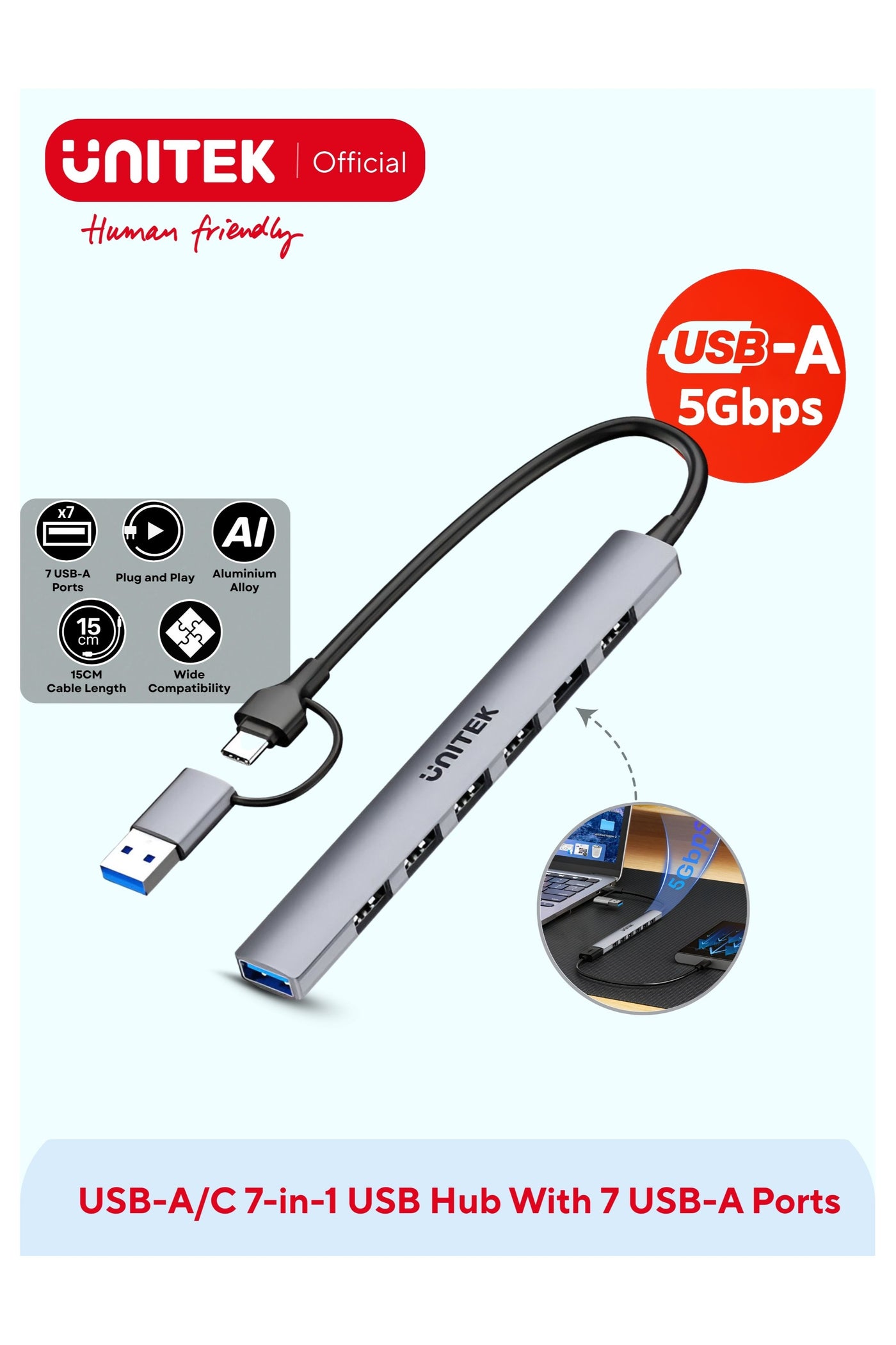 UNITEK 7-in-1 USB Hub, USB-C to 7 USB-A Ports with USB-A Adapter, 5Gbps High-Speed Data Transfer, Slim & Portable, Plug & Play, Compatible with MacBook, iPad, Windows & More