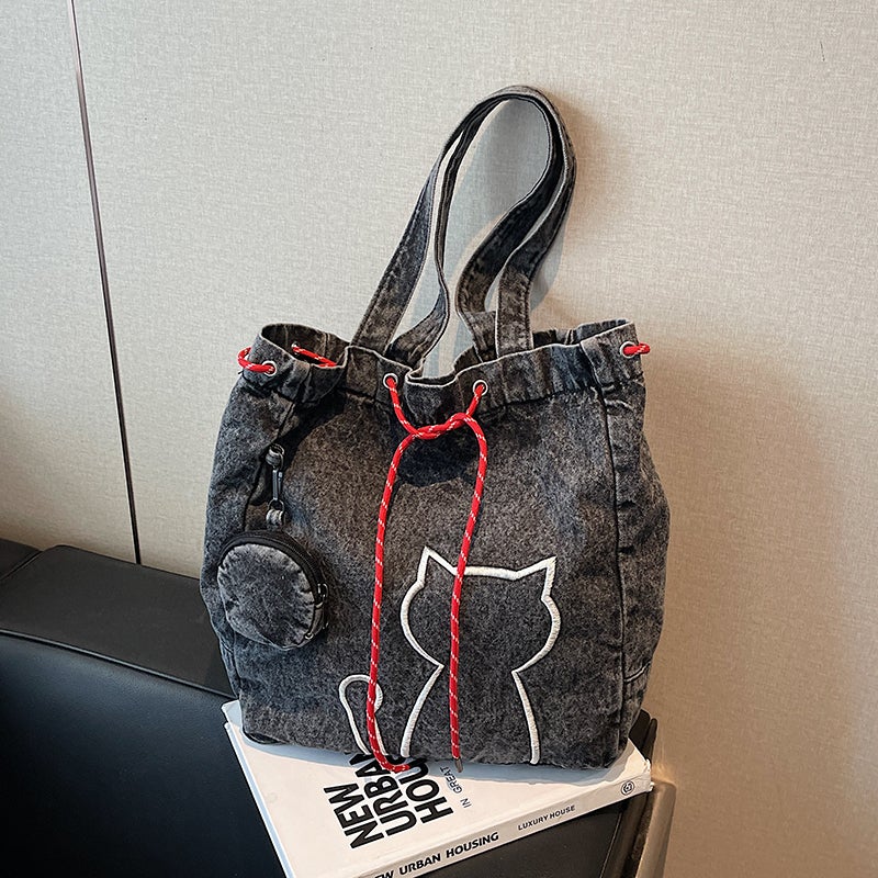 Easiest For Match Denim Large Bag For Women Summer Fashion College Student Class Bag Cat Embroidered Tote Bag - Image 5