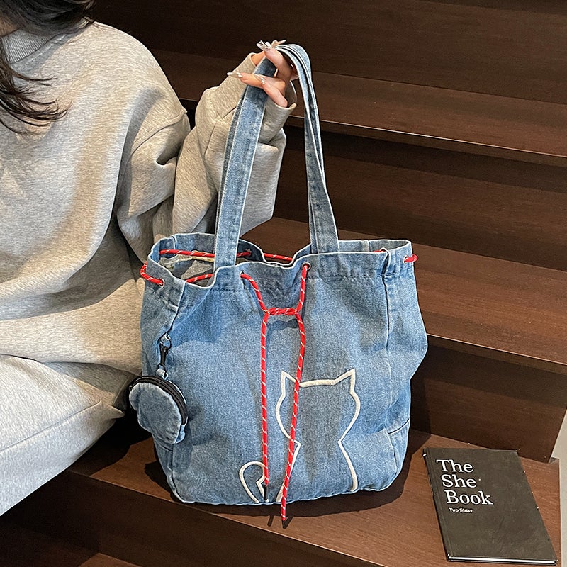 Easiest For Match Denim Large Bag For Women Summer Fashion College Student Class Bag Cat Embroidered Tote Bag - Image 2