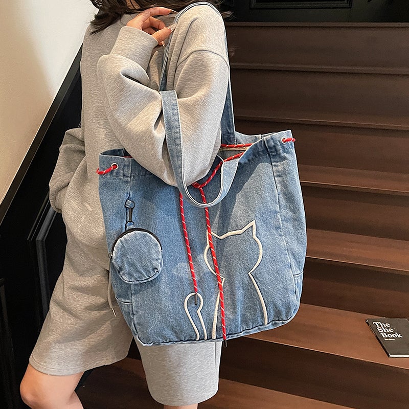 Easiest For Match Denim Large Bag For Women Summer Fashion College Student Class Bag Cat Embroidered Tote Bag - Image 3