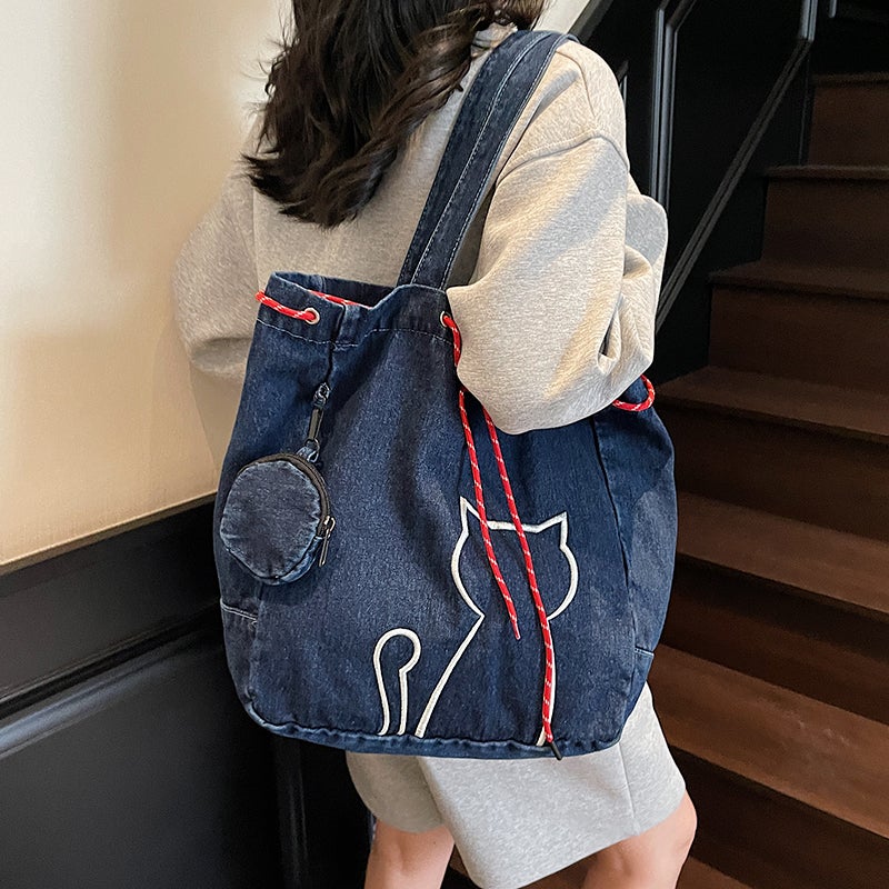 Easiest For Match Denim Large Bag For Women Summer Fashion College Student Class Bag Cat Embroidered Tote Bag - Image 4