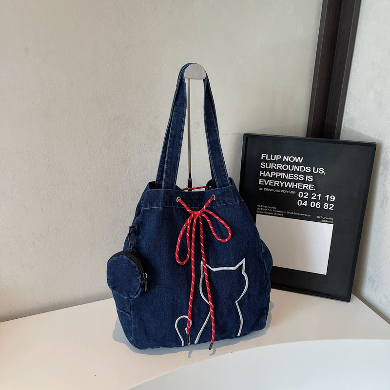 Easiest For Match Denim Large Bag For Women Summer Fashion College Student Class Bag Cat Embroidered Tote Bag - Image 1