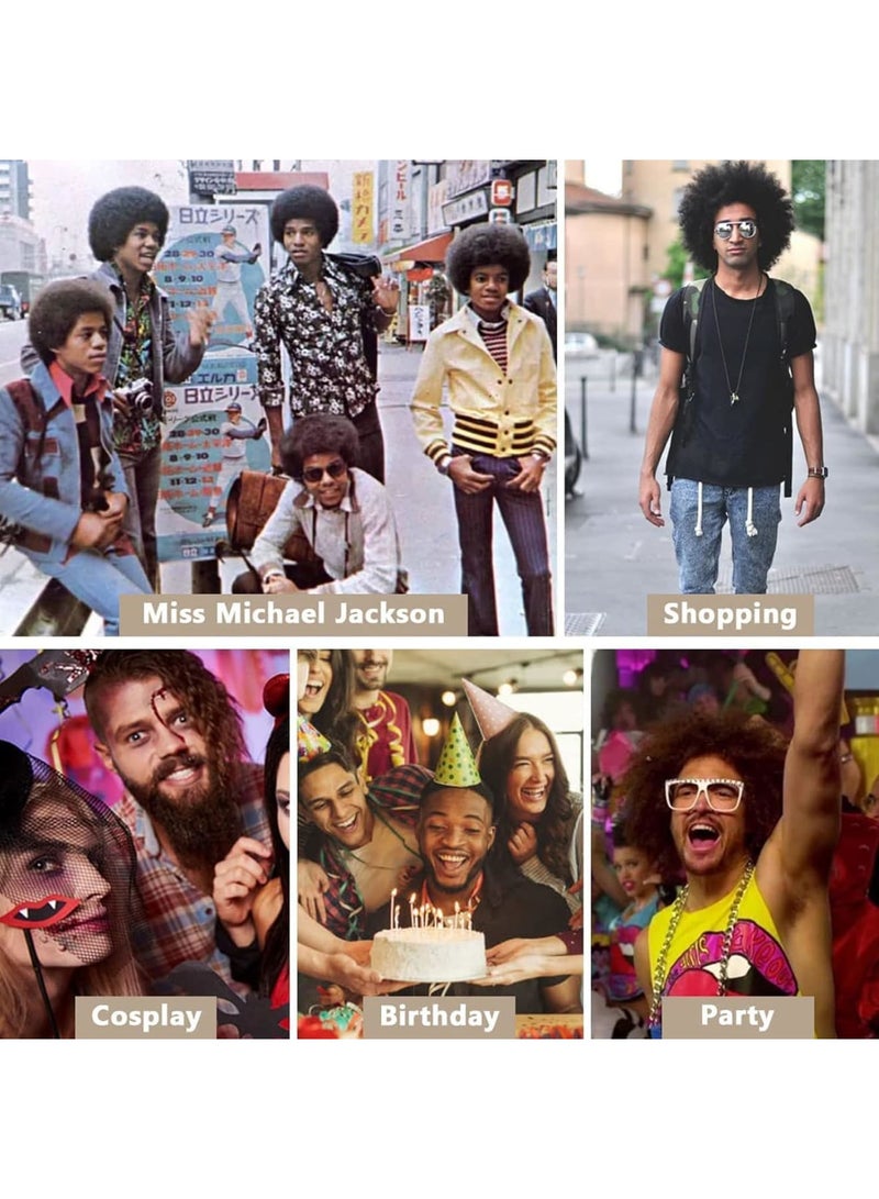 SOLARAE Wig Men, 4pcs Set 70'S Costumes Wig Disco Wig for Men Natural Fluffy Short Black Curly Synthetic hair Wig for Cosplay Party (Wig+ Glasses+ Necklace+ Mustache) - Image 5