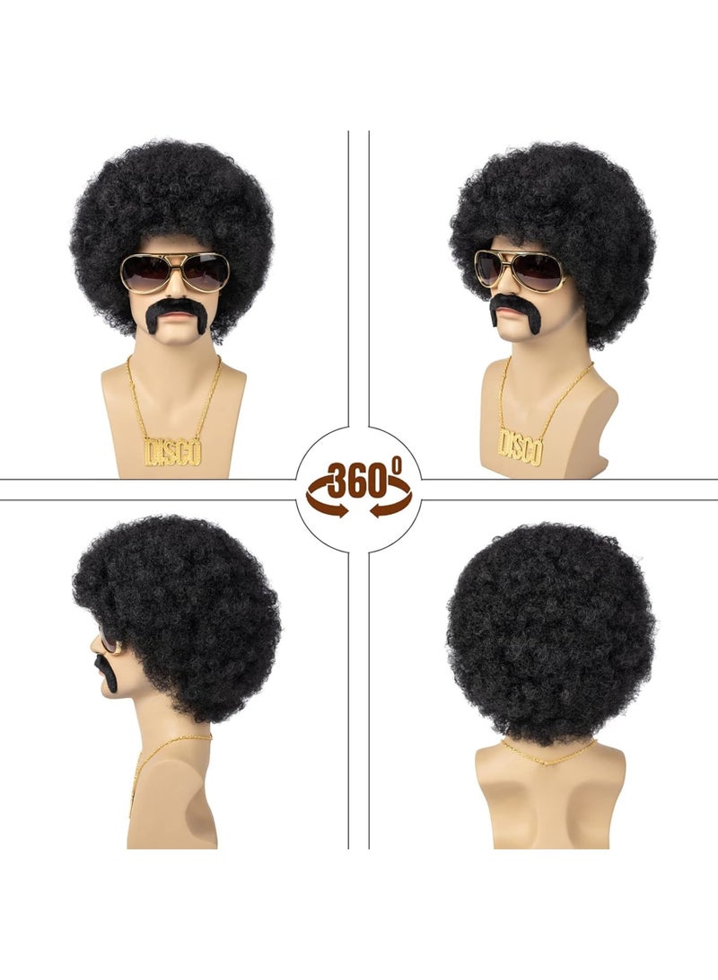 SOLARAE Wig Men, 4pcs Set 70'S Costumes Wig Disco Wig for Men Natural Fluffy Short Black Curly Synthetic hair Wig for Cosplay Party (Wig+ Glasses+ Necklace+ Mustache) - Image 2