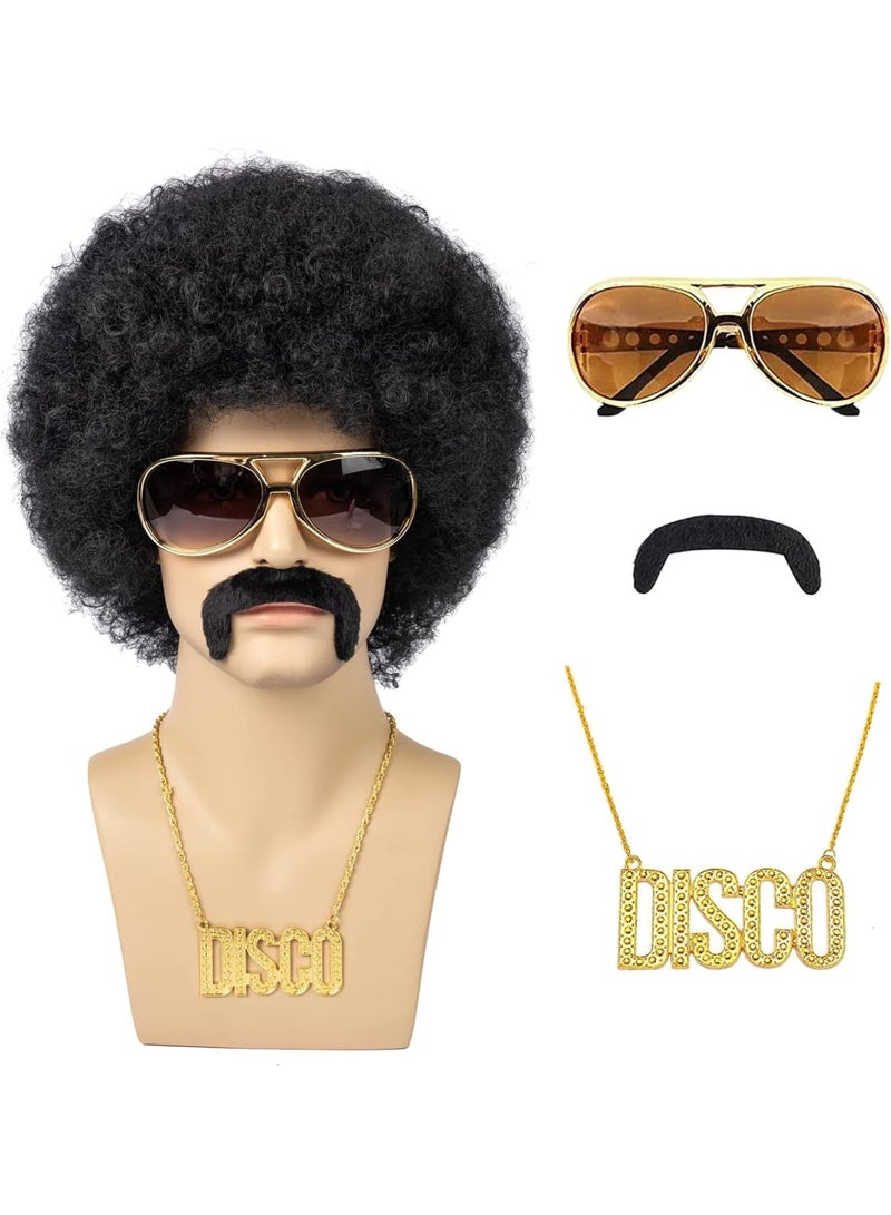 SOLARAE Wig Men, 4pcs Set 70'S Costumes Wig Disco Wig for Men Natural Fluffy Short Black Curly Synthetic hair Wig for Cosplay Party (Wig+ Glasses+ Necklace+ Mustache) - Image 1