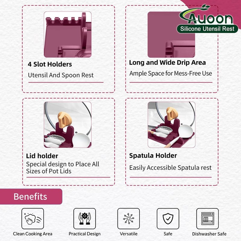 AUOON Spoon Holder for Stove - Silicone Spoon and Lid Rest with Drip Pad Kitchen Utensil Rest for Spoons, Ladles, Spatulas, Tongs & More (Cherry, Large) - Image 4