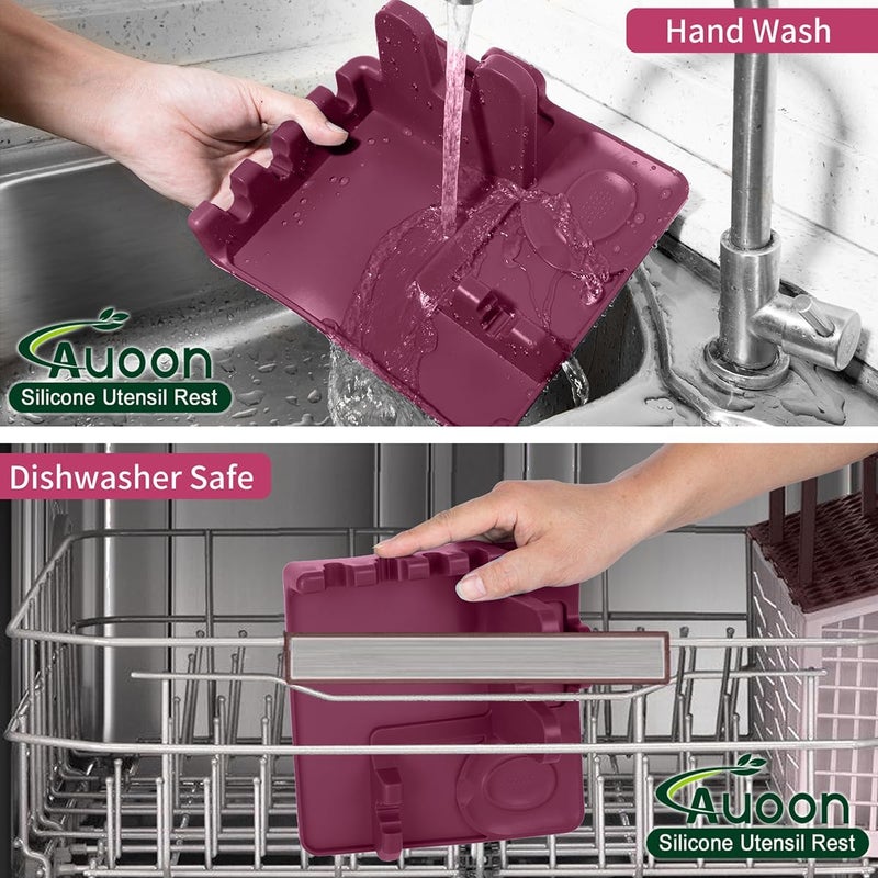 AUOON Spoon Holder for Stove - Silicone Spoon and Lid Rest with Drip Pad Kitchen Utensil Rest for Spoons, Ladles, Spatulas, Tongs & More (Cherry, Large) - Image 5