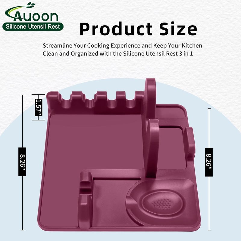 AUOON Spoon Holder for Stove - Silicone Spoon and Lid Rest with Drip Pad Kitchen Utensil Rest for Spoons, Ladles, Spatulas, Tongs & More (Cherry, Large) - Image 3